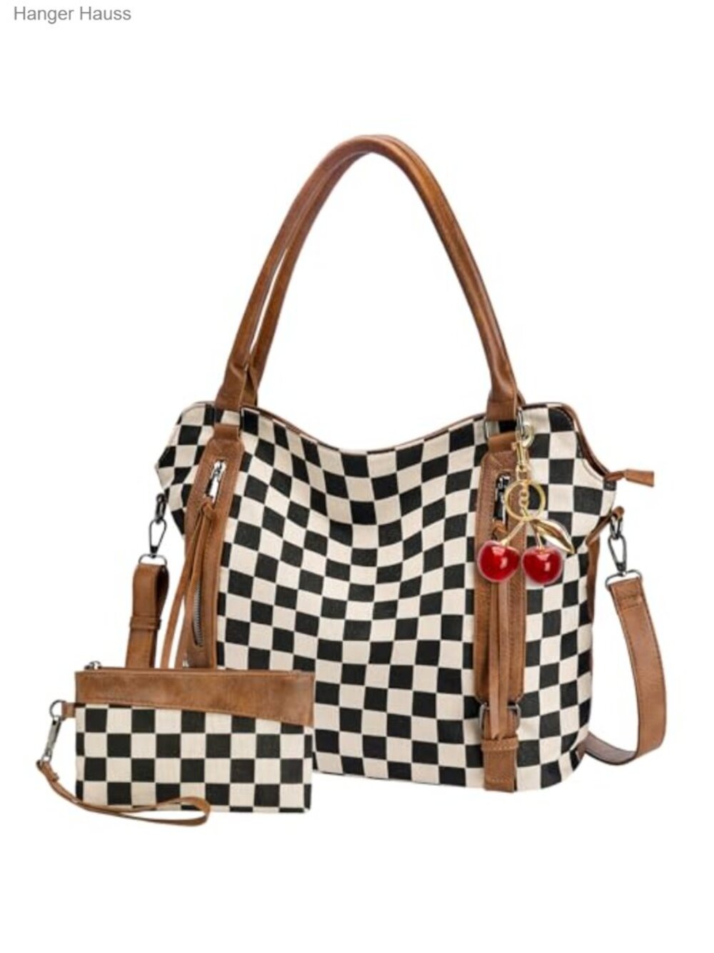 Vintage Checkered Crossbody Bag with Wallet & Cherry Charm, Faux Leather Canvas